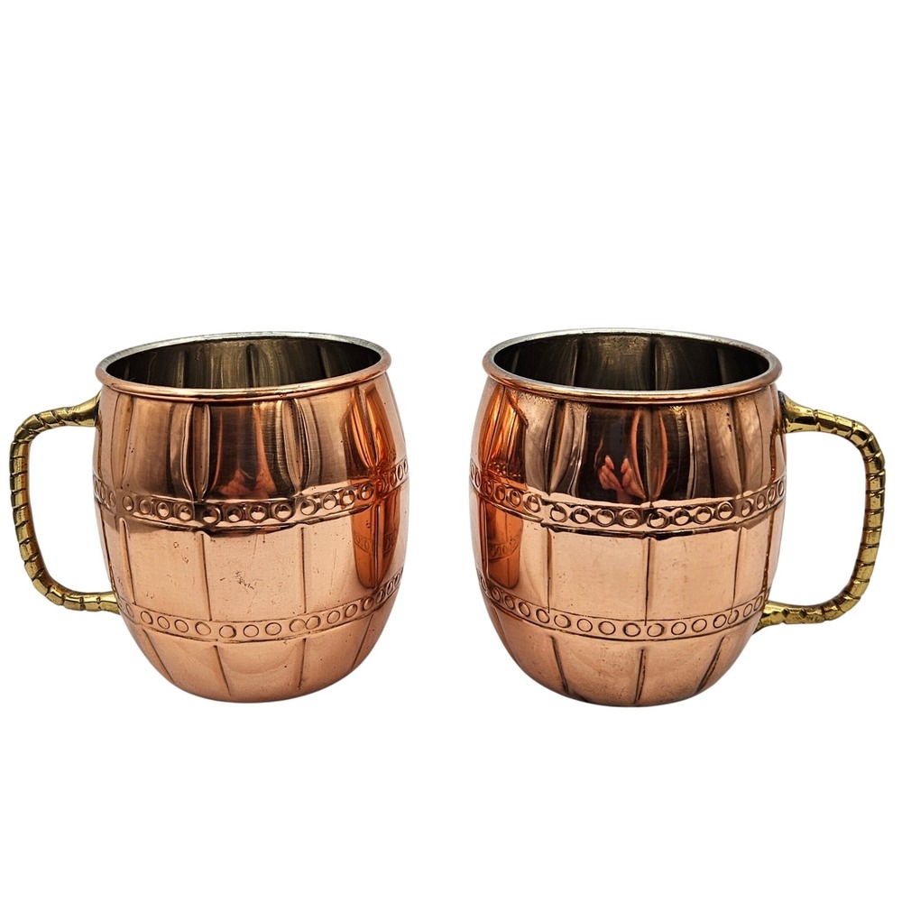 Vintage Copper Barrel Moscow Mule Mugs Set‎ of 2 Brass Handle Metal Lined 4 inch